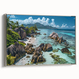 Framed canvas wall art featuring a serene beach landscape design with silver accents, perfect for home decor, showcasing tranquil ocean views and soft pastels.