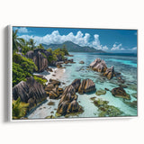 Framed canvas wall art featuring a serene beach landscape design, showcasing vibrant blue skies and sandy shores, displayed in a stylish white frame.