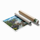 Vibrant rolled print showcasing a serene beach landscape with soft waves and a sunset sky, ideal for home decor, rolled for easy framing and display.