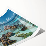 Abstract beach landscape wall art print showcasing vibrant blues and sandy tones, rolled for easy transport and display, ideal for home decor enthusiasts.