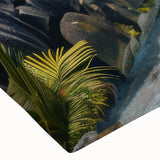 Close-up of a stretched canvas wall art piece depicting a serene beach landscape with vibrant blue skies and gentle waves, perfect for enhancing coastal home decor.