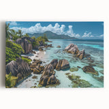 Stretched canvas wall art showcasing a serene beach landscape with vibrant colors and detailed textures, perfect for enhancing home decor and creating a calming atmosphere.
