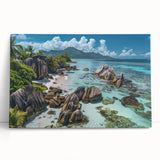 Stretched canvas artwork showcasing a serene beach landscape with vibrant colors, perfect for home decor. Ideal for creating a calming atmosphere in any living space.