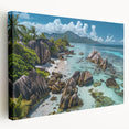 Stretched canvas wall art showcasing a vibrant beach landscape design, featuring vivid colors and serene ocean waves, ideal for home decor or coastal-themed spaces.