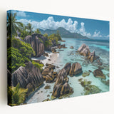 Stretched canvas wall art showcasing a vibrant beach landscape design, featuring vivid colors and serene ocean waves, ideal for home decor or coastal-themed spaces.