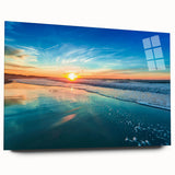 Acrylic glass wall art showcasing a serene beach landscape with vibrant colors, displayed from a side view. Ideal for enhancing home decor with a calming coastal vibe.
