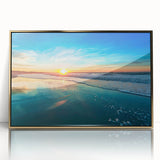 Framed wall art showcasing a serene beach landscape with golden accents, ideal for home decor. The acrylic frame enhances the vibrant colors and details.