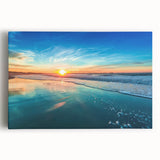 Stretched canvas artwork depicting a serene beach landscape with vibrant blue skies and gentle waves, perfect for coastal-themed home decor.