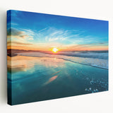 Stretched canvas wall art showcasing a serene beach landscape, featuring vibrant blues and sandy tones, perfect for coastal-themed decor. Ideal for enhancing living spaces.