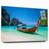 Acrylic glass wall art showcasing a vibrant beach landscape design, featuring rich colors and intricate details, displayed from a side view without pins. Perfect for modern home decor.