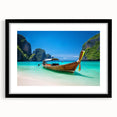 Framed wall art collection showcasing serene beach landscapes with a black mat and sleek frame, ideal for home decor and relaxation-themed interiors.