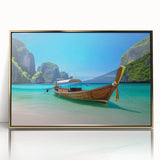 Framed acrylic artwork showcasing a stunning beach landscape with vibrant colors and gold accents, ideal for enhancing modern home decor and creating a serene atmosphere.