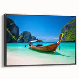 Framed canvas wall art showcasing a serene beach landscape with vibrant colors, featuring a black frame from a side view, ideal for home decor.