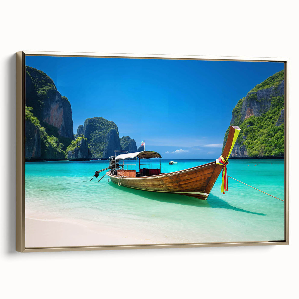 Framed canvas wall art showcasing a serene beach landscape with golden hues, designed for elegant home decor. Perfect for enhancing modern interiors and creating a tranquil atmosphere.