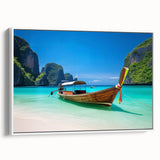 Framed canvas wall art showcasing a serene beach landscape with vibrant colors, displayed from a side view against a white background, ideal for coastal decor.