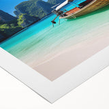 Vibrant rolled canvas wall art showcasing a serene beach landscape with soft waves and a clear blue sky, perfect for adding a tranquil touch to home decor.