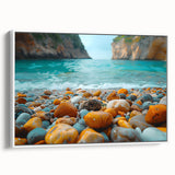 Framed wall art featuring a serene beach landscape with vibrant colors, showcasing gentle waves and a clear sky, perfect for coastal home decor.