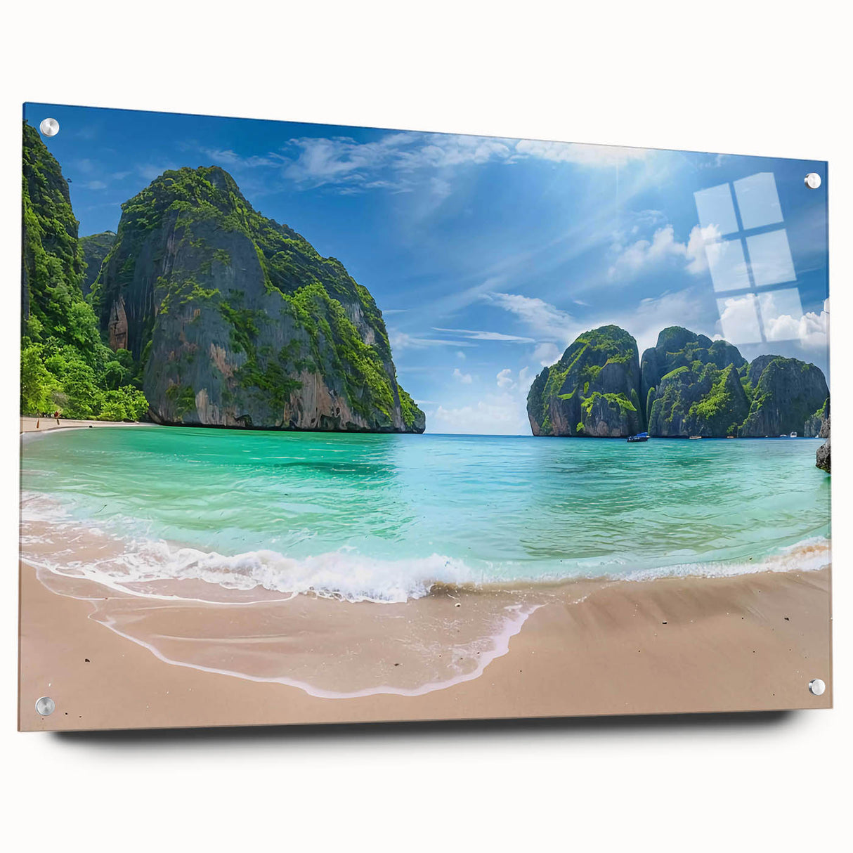 Acrylic glass wall art showcasing a vibrant beach landscape design, elegantly displayed from a side view, featuring colorful elements and modern aesthetic. Perfect for home decor enthusiasts looking to enhance their space with coastal vibes.