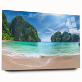 Acrylic glass wall art collection showcasing a serene beach landscape design, featuring vibrant colors and smooth edges, ideal for enhancing modern decor.
