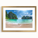 Elegant gold-framed wall art showcasing a serene beach landscape, featuring soft pastel colors and a textured mat, perfect for enhancing modern home decor.