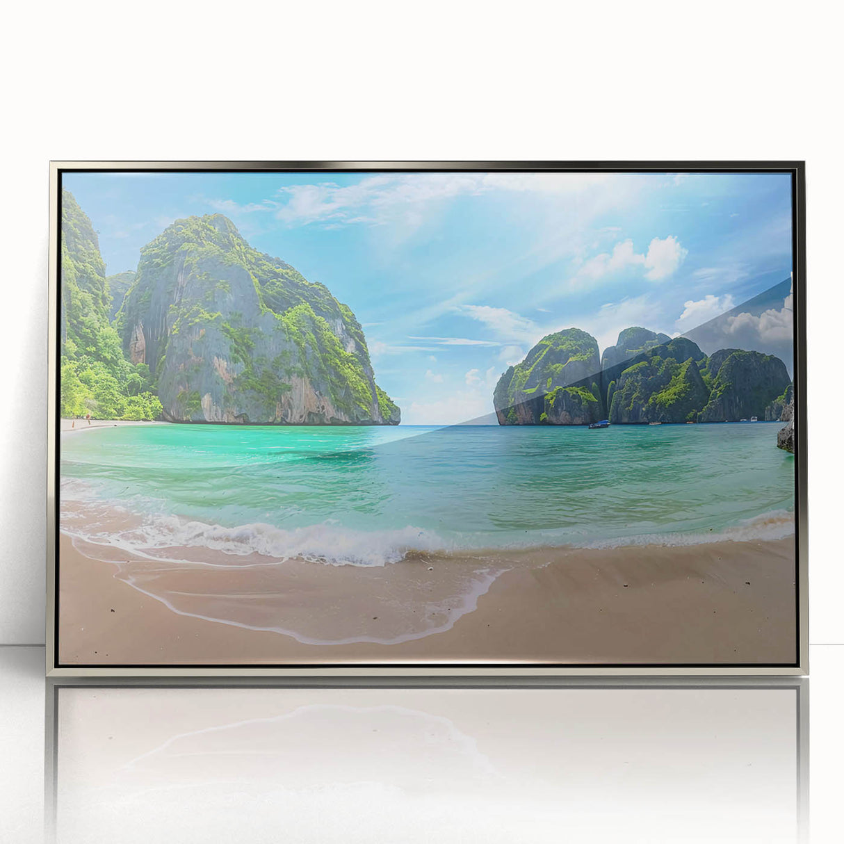 Framed acrylic wall art showcasing a serene beach landscape with vibrant colors and detailed textures, complemented by a sleek silver frame for a modern aesthetic.