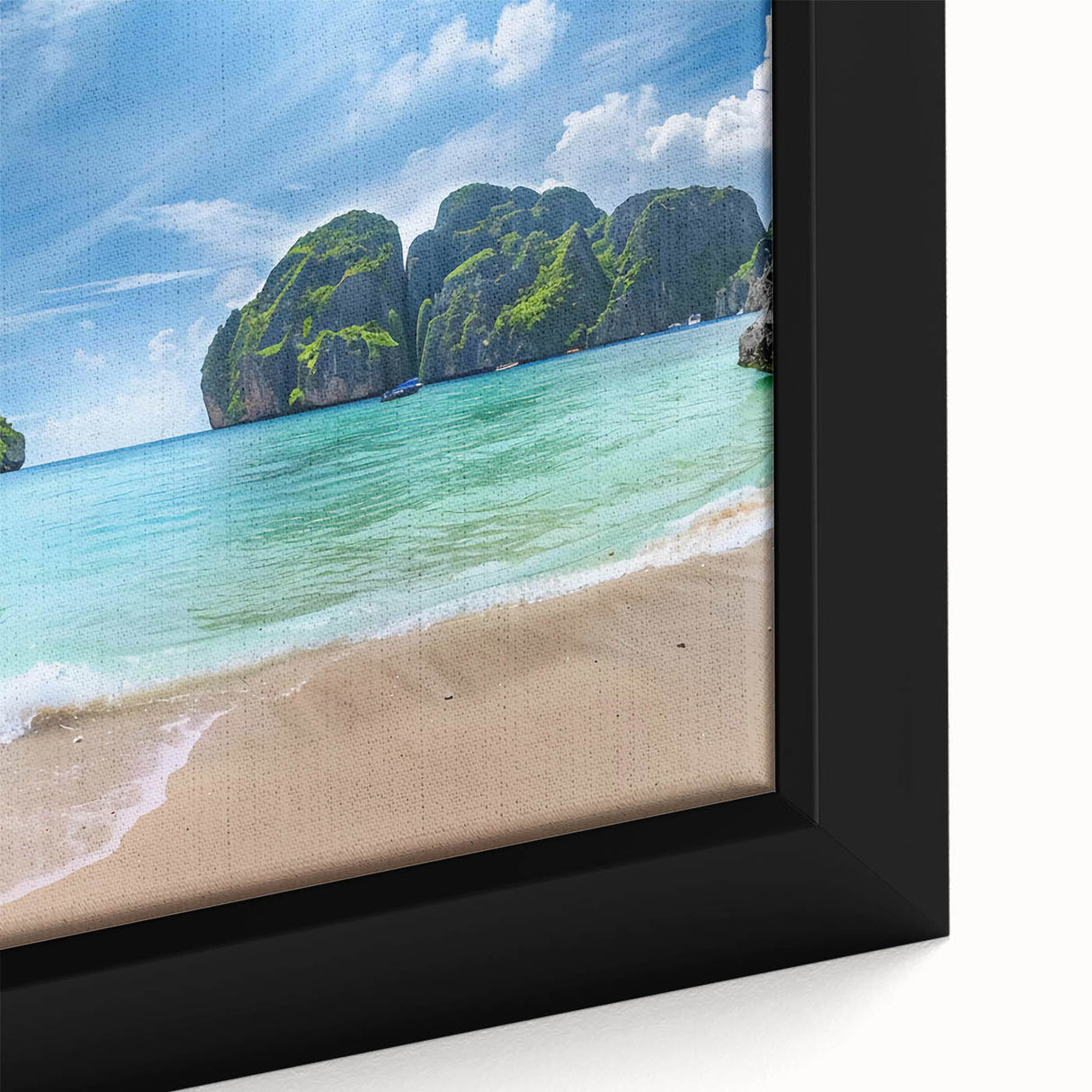 Framed canvas wall art showcasing a vibrant beach landscape design with vivid colors and intricate details, ideal for home decor and coastal themes.