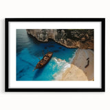 Framed wall art featuring a serene beach landscape with vibrant colors, black matting, and a sleek black frame, perfect for enhancing home decor.