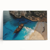 Stretched canvas wall art featuring a serene beach landscape with vibrant colors, elegantly leaning against a neutral wall, perfect for coastal decor.