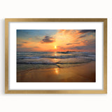 Elegant framed wall art featuring a serene beach landscape with soft waves and golden hues, perfect for home decor. The mat adds sophistication, enhancing any room's ambiance.