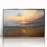 Framed wall art depicting a serene beach landscape with vibrant colors, acrylic finish, and sleek silver frame, ideal for modern home décor.