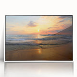 Framed acrylic wall art featuring a serene beach landscape, showcasing vibrant colors and detailed textures, perfect for enhancing home decor in coastal themes.