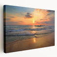 Stretched canvas wall art featuring a serene beach landscape design, showcasing vibrant colors of blue and sandy hues, ideal for coastal home decor.