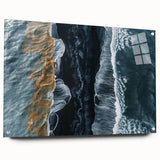 Acrylic glass wall art displaying a vibrant beach landscape with blue skies and golden sands, elegantly pinned on a white backdrop, ideal for coastal decor.
