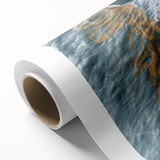 Rolled canvas artwork showcasing a serene beach landscape with gentle waves and a pastel sunset, elegantly presented in a protective cardboard tube for shipping.