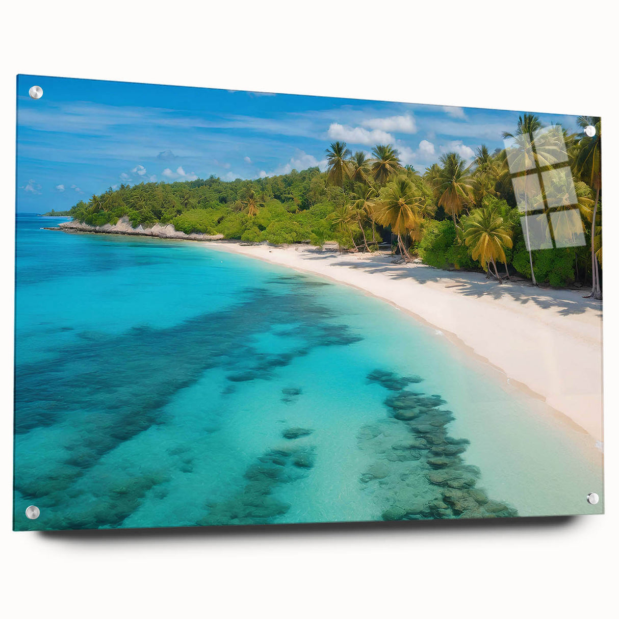 Acrylic-glass wall art collection displaying a vibrant beach landscape design, showcasing detailed colors and textures, elegantly pinned for display in a modern setting.