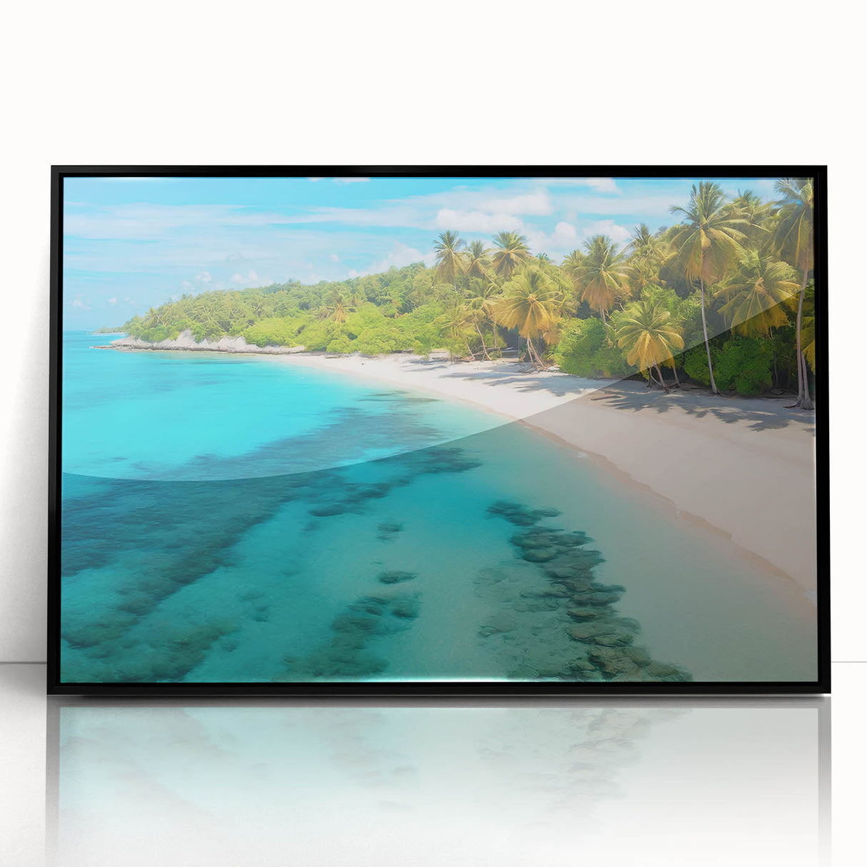 Framed acrylic wall art showcasing a stunning beach landscape design, featuring vibrant colors and intricate details, set against a sleek black frame. Perfect for enhancing home decor with a serene coastal vibe.