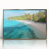 Framed acrylic wall art showcasing a vibrant beach landscape design, featuring gold accents and a contemporary style, perfect for modern home decor.