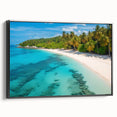 Framed canvas wall art showcasing a vibrant landscape of a serene beach scene, featuring lush palm trees and a sunset palette, displayed in a stylish black frame.
