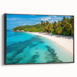 Framed canvas wall art showcasing a vibrant landscape of a serene beach scene, featuring lush palm trees and a sunset palette, displayed in a stylish black frame.