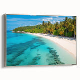 Framed canvas wall art showcasing a serene beach landscape with soft blue skies and gentle waves, elegantly bordered in silver, ideal for coastal-themed decor.