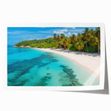 Vibrant rolled print showcasing a serene beach landscape with golden sands and turquoise waves, perfect for home decor and interior design, packaged securely.