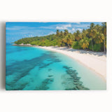 Vibrant stretched canvas wall art featuring a serene beach landscape with soft waves and a clear blue sky, perfect for coastal home decor.