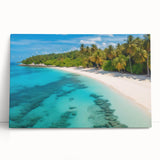 Stretched canvas wall art depicting a serene beach landscape, showcasing soft pastel colors and gentle waves, ideal for home decor and creating a calming atmosphere.