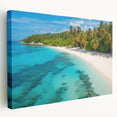Stretched canvas wall art showcasing a serene beach landscape with vibrant colors and intricate details, ideal for coastal home decor, viewed from the side.