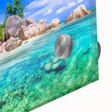 Close-up of a vibrant acrylic glass wall art piece showcasing a stunning beach landscape, featuring vivid colors and intricate details, ideal for modern home decor.