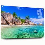 Acrylic glass wall art collection showcasing a serene beach landscape with vibrant colors, displayed from a side view and featuring elegant pins for mounting.