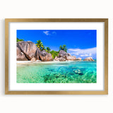 Framed wall art collection featuring a serene beach landscape design with a gold mat, perfect for home decor. Ideal for coastal-themed interiors.