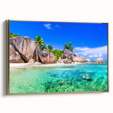 Framed canvas wall art collection showcasing a serene beach landscape in soft gold and blue tones, designed to enhance any modern decor with a tranquil vibe.