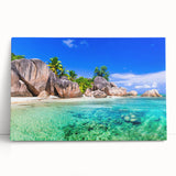 Stretched canvas wall art showcasing a serene beach landscape with vibrant blue skies and golden sands, perfect for adding a coastal vibe to home decor.
