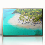 Framed wall art showcasing a stunning beach landscape design, featuring vibrant colors and a gold-accented frame, ideal for enhancing coastal-themed interiors.